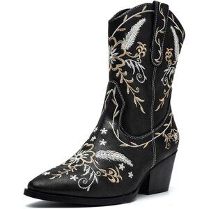 ANJOUFEMME Cowboy Boots for Women, Chunky Heel Mid-Calf, Side Zip, Pointy Toe